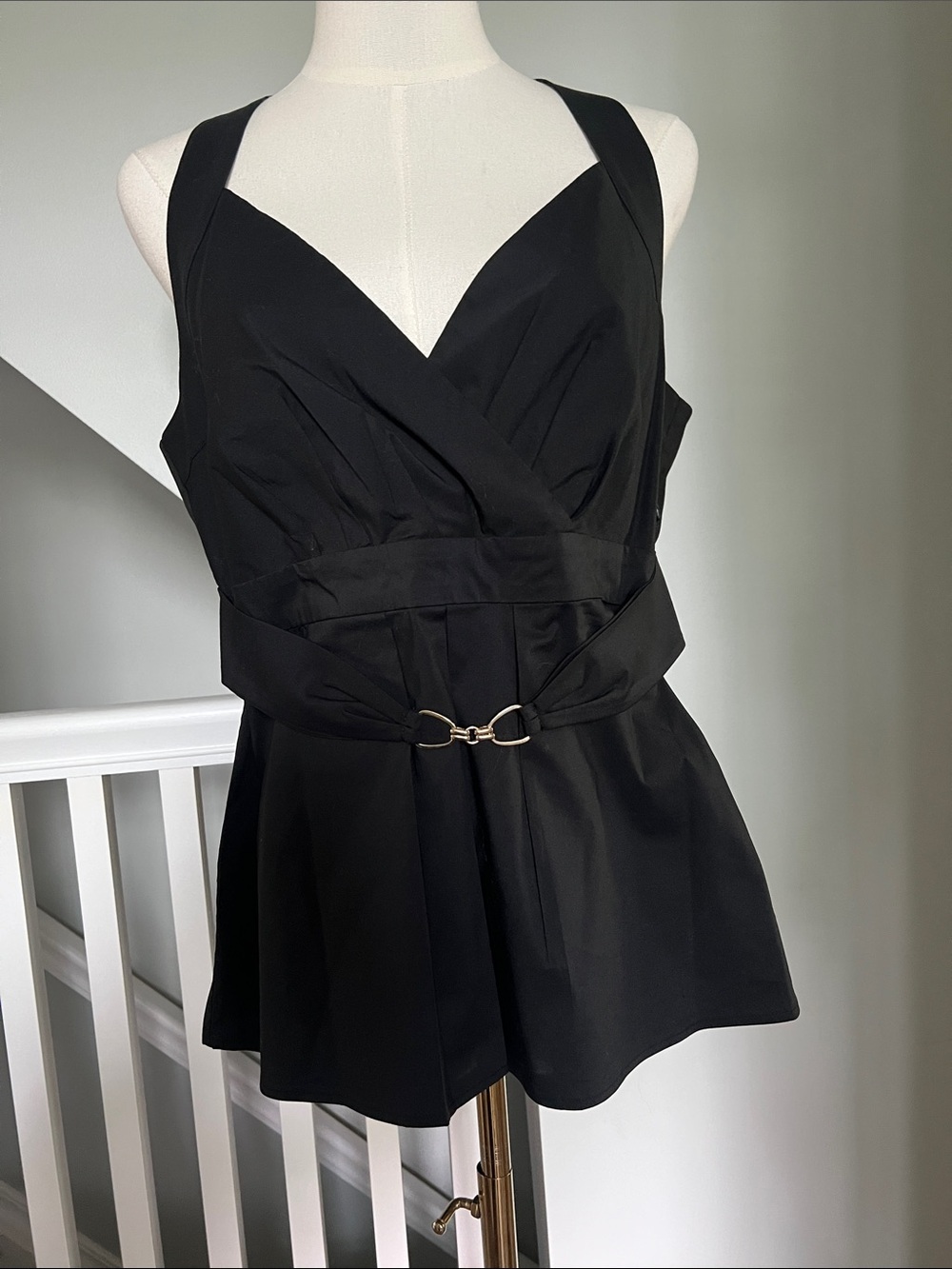 New York & Company Black Sleeveless Peplum Top with Gold Accent